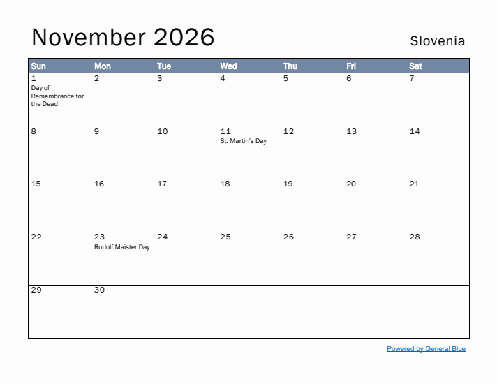 November 2026 Simple Monthly Calendar for Slovenia