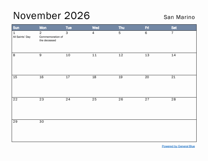 November 2026 Simple Monthly Calendar for San Marino