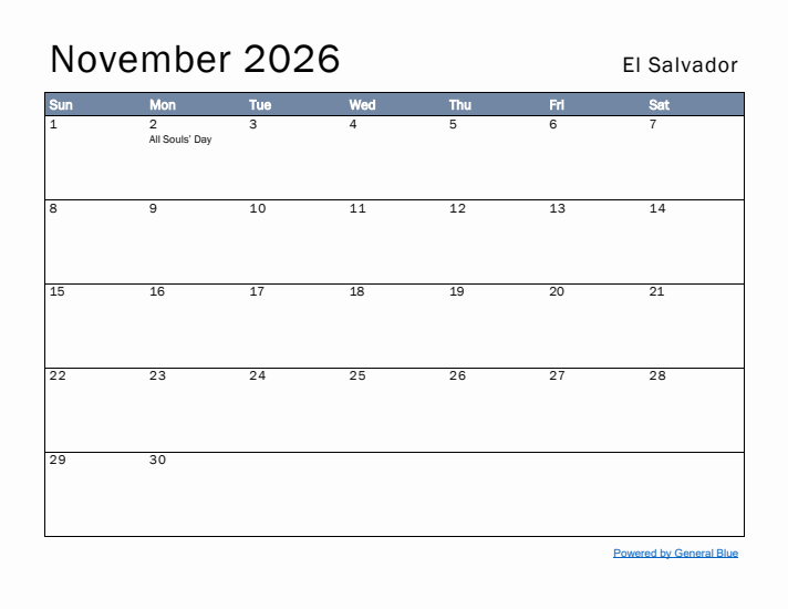 November 2026 Simple Monthly Calendar for El Salvador