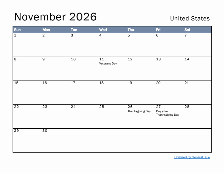 November 2026 Simple Monthly Calendar for United States