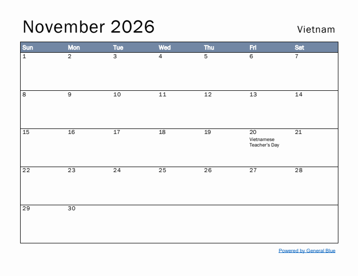 November 2026 Simple Monthly Calendar for Vietnam