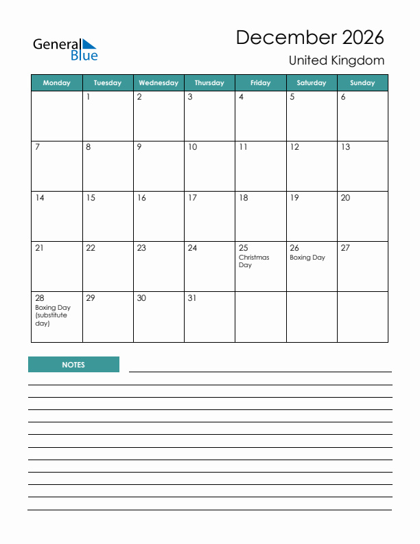 Calendar with Notes Printable - Monday Start