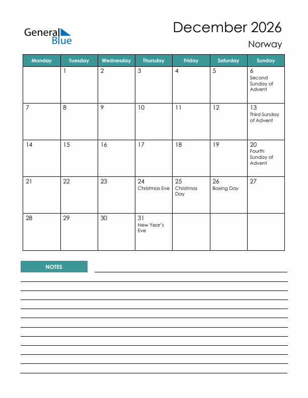 Calendar with Notes Printable - Monday Start