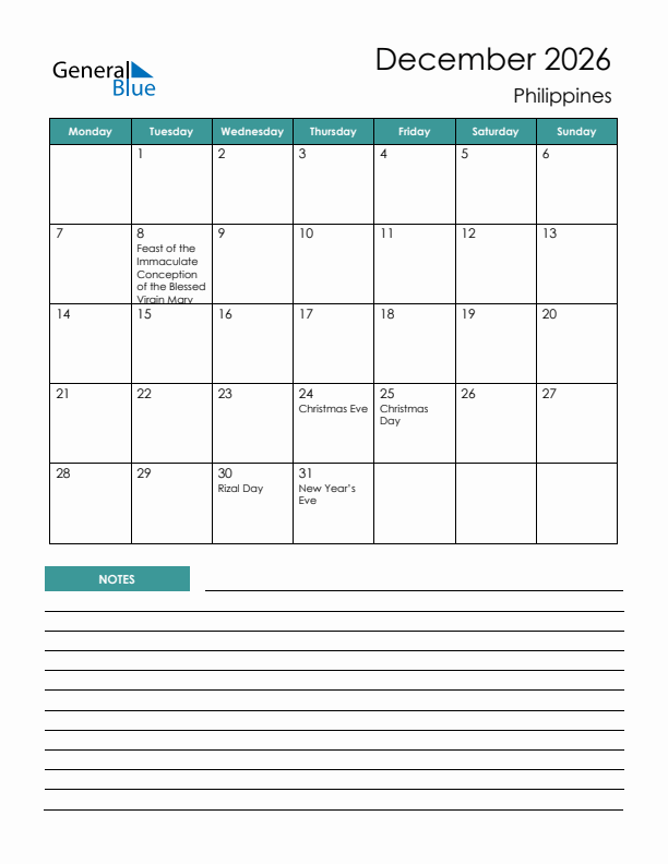 Calendar with Notes Printable - Monday Start