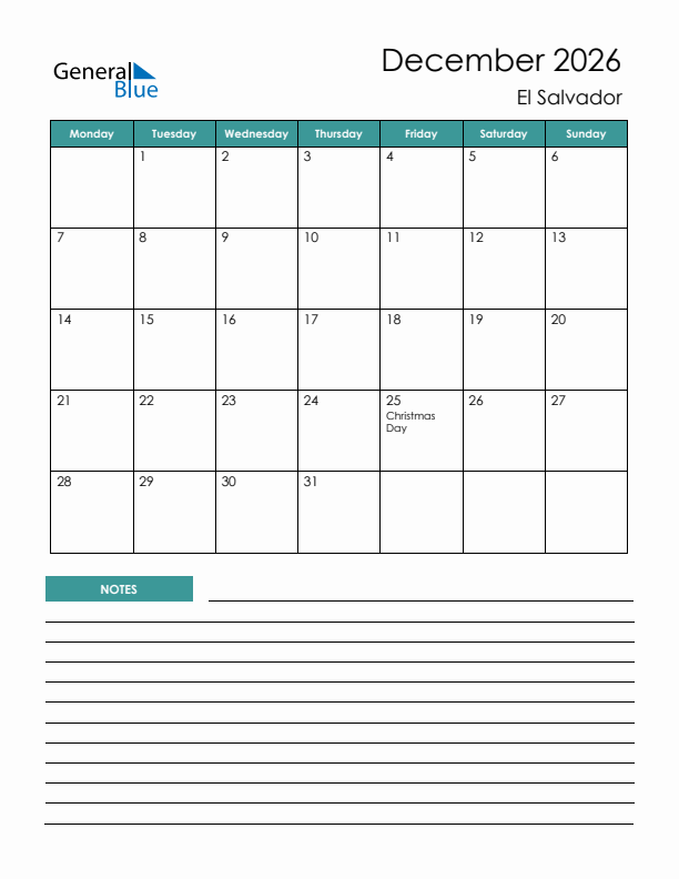 Calendar with Notes Printable - Monday Start