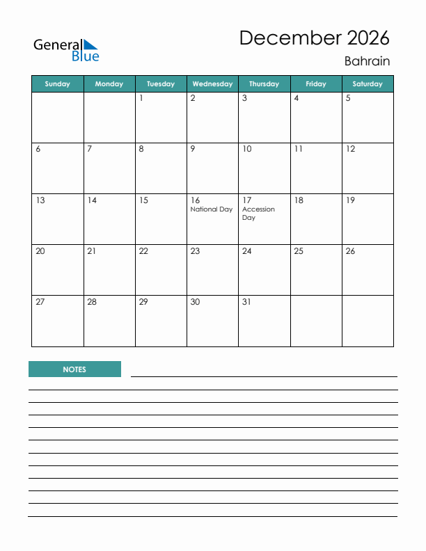 Calendar with Notes Printable - Sunday Start