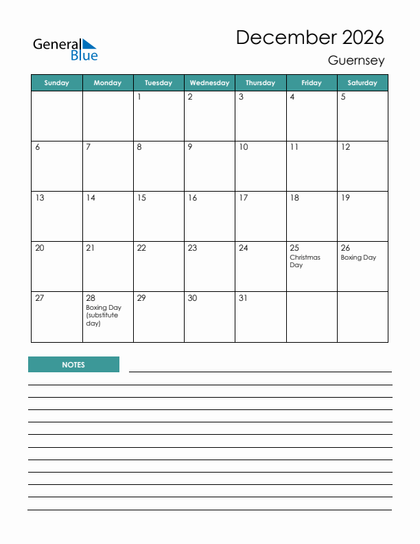 Calendar with Notes Printable - Sunday Start