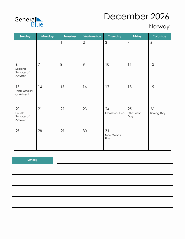 Calendar with Notes Printable - Sunday Start