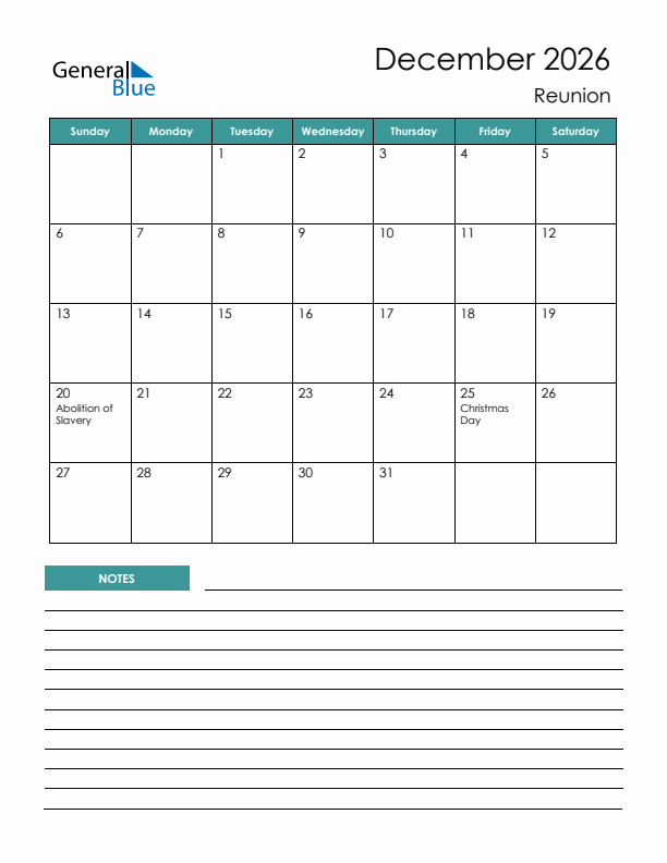 Calendar with Notes Printable - Sunday Start