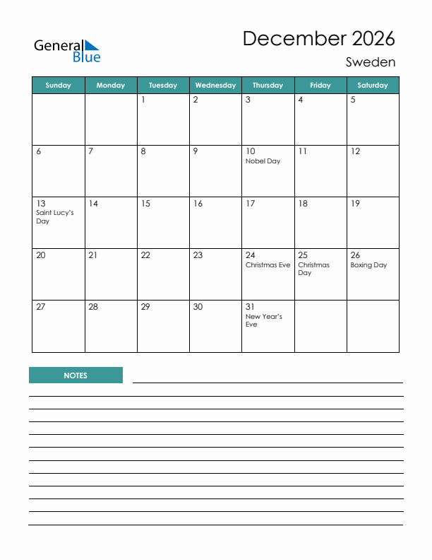 Calendar with Notes Printable - Sunday Start