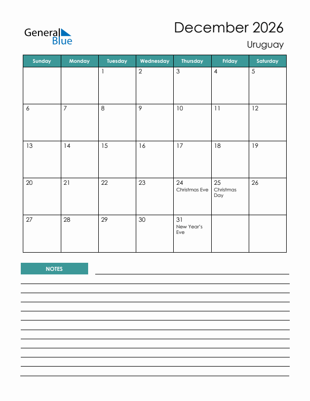 Calendar with Notes Printable - Sunday Start