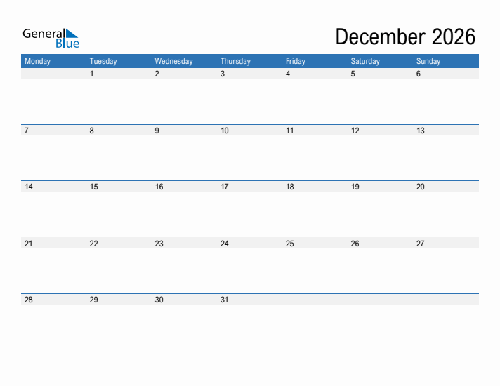 Fillable Calendar for December 2026