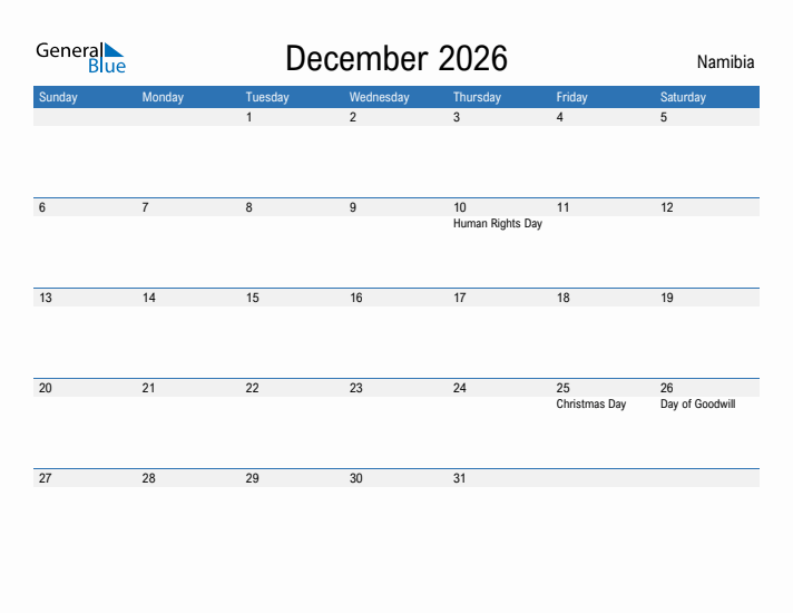 Fillable December 2026 Calendar