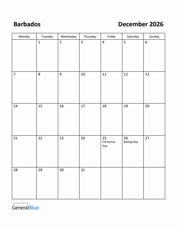 December 2026 Calendar with Barbados Holidays