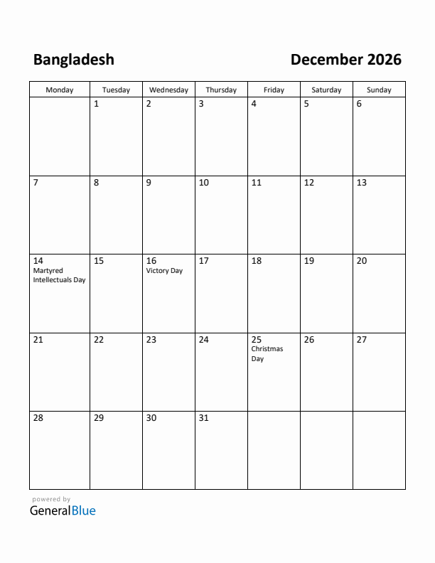 December 2026 Calendar with Bangladesh Holidays