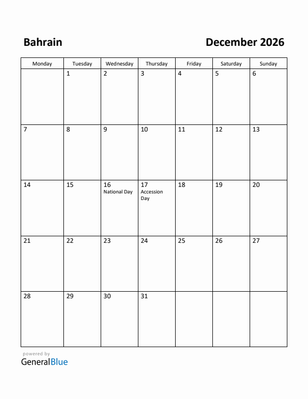 December 2026 Calendar with Bahrain Holidays