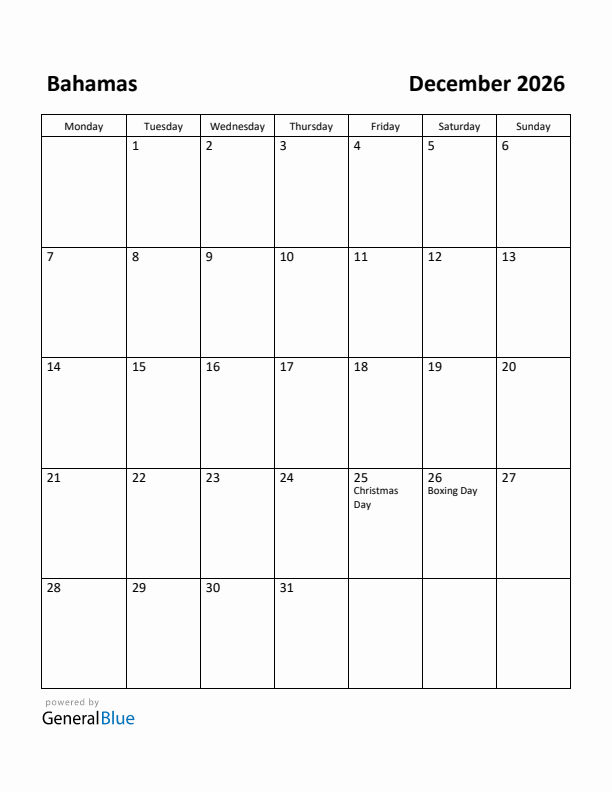 December 2026 Calendar with Bahamas Holidays