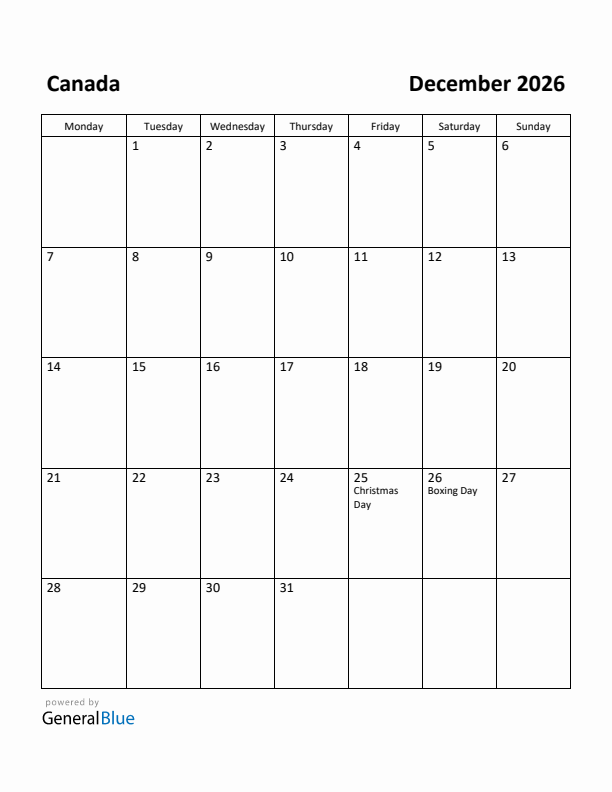 December 2026 Calendar with Canada Holidays