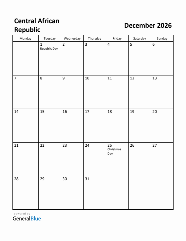 December 2026 Calendar with Central African Republic Holidays