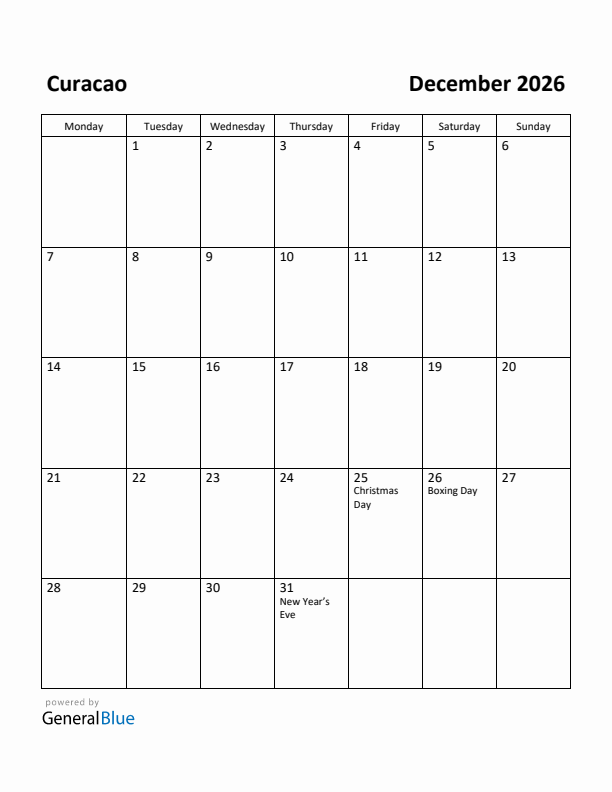 December 2026 Calendar with Curacao Holidays