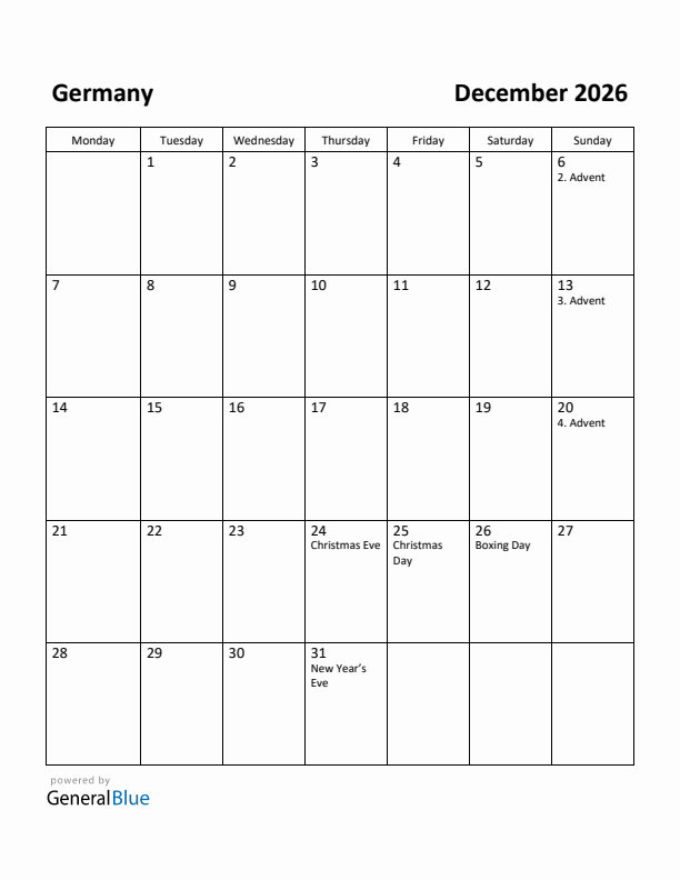 December 2026 Calendar with Germany Holidays