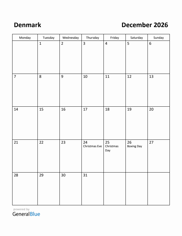 December 2026 Calendar with Denmark Holidays