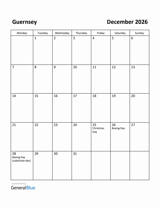 December 2026 Calendar with Guernsey Holidays