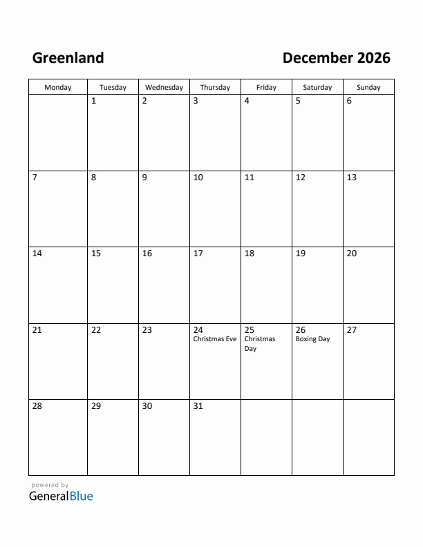 December 2026 Calendar with Greenland Holidays