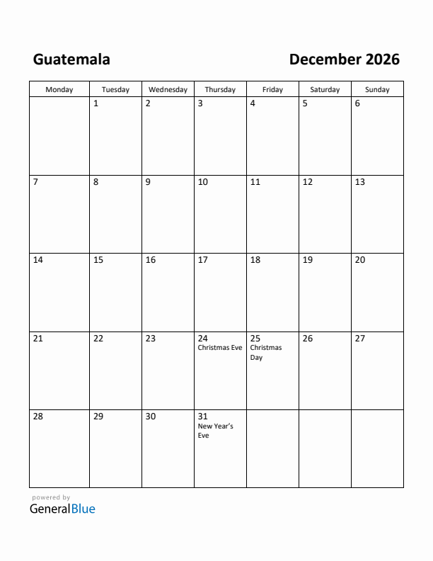 December 2026 Calendar with Guatemala Holidays