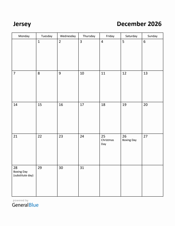 December 2026 Calendar with Jersey Holidays