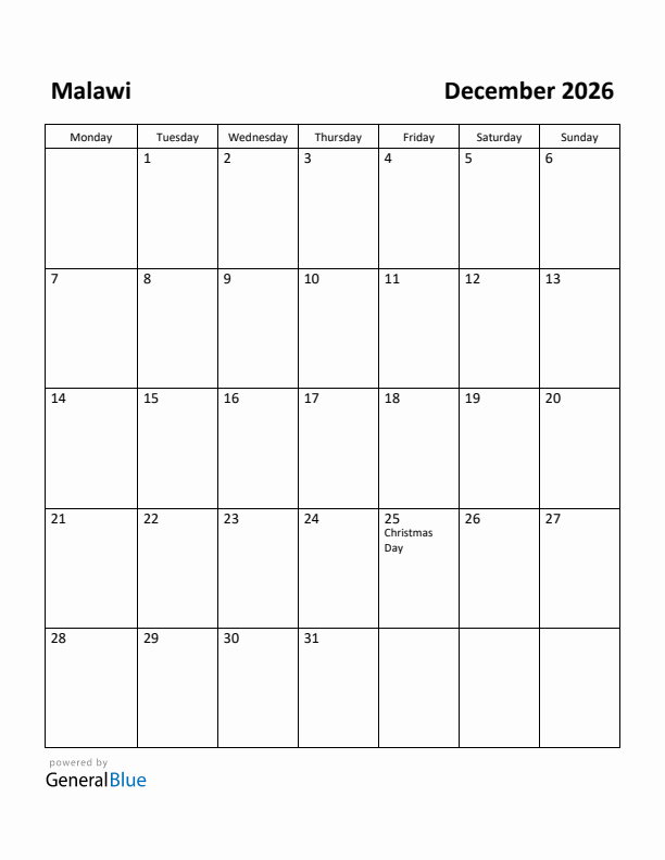 December 2026 Calendar with Malawi Holidays