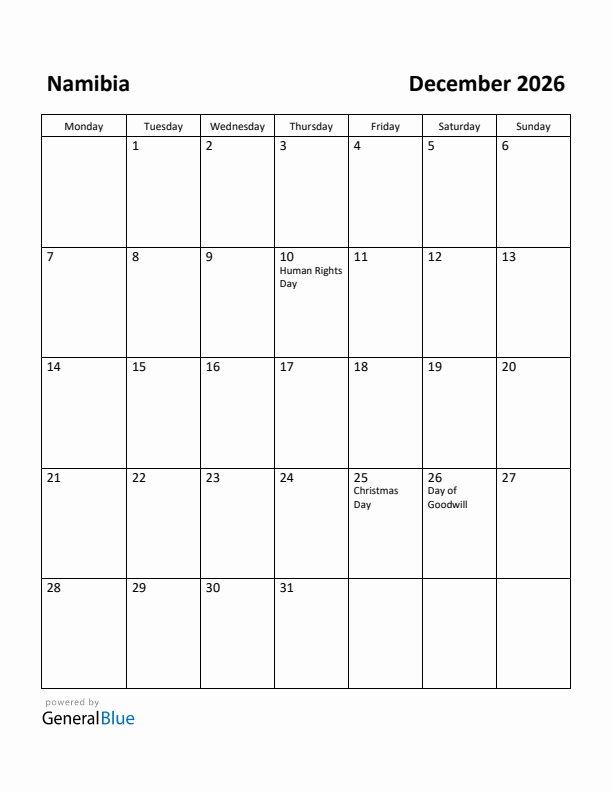 December 2026 Calendar with Namibia Holidays