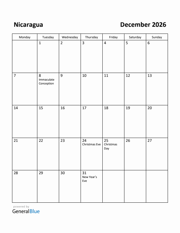 December 2026 Calendar with Nicaragua Holidays