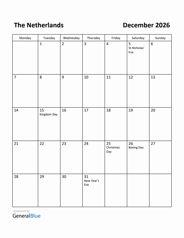 December 2026 Calendar with The Netherlands Holidays