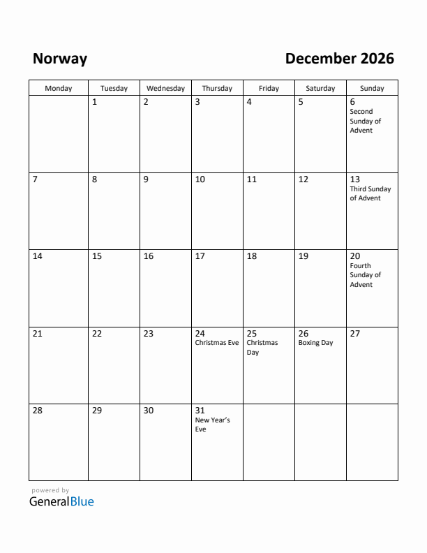 December 2026 Calendar with Norway Holidays