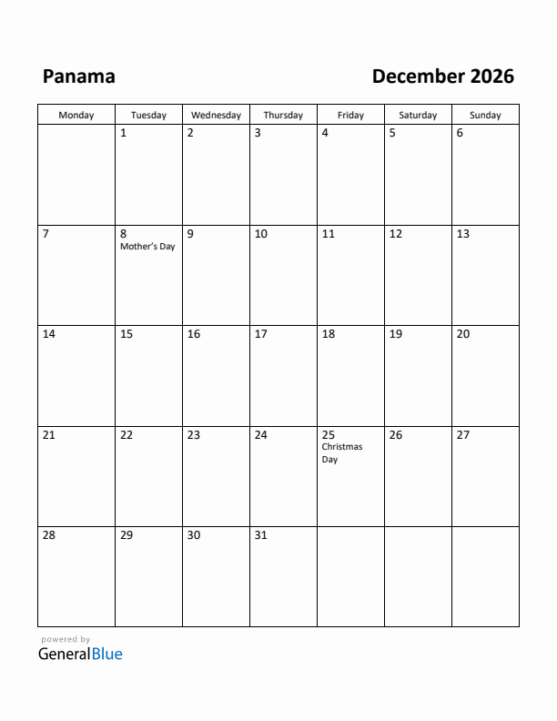 December 2026 Calendar with Panama Holidays