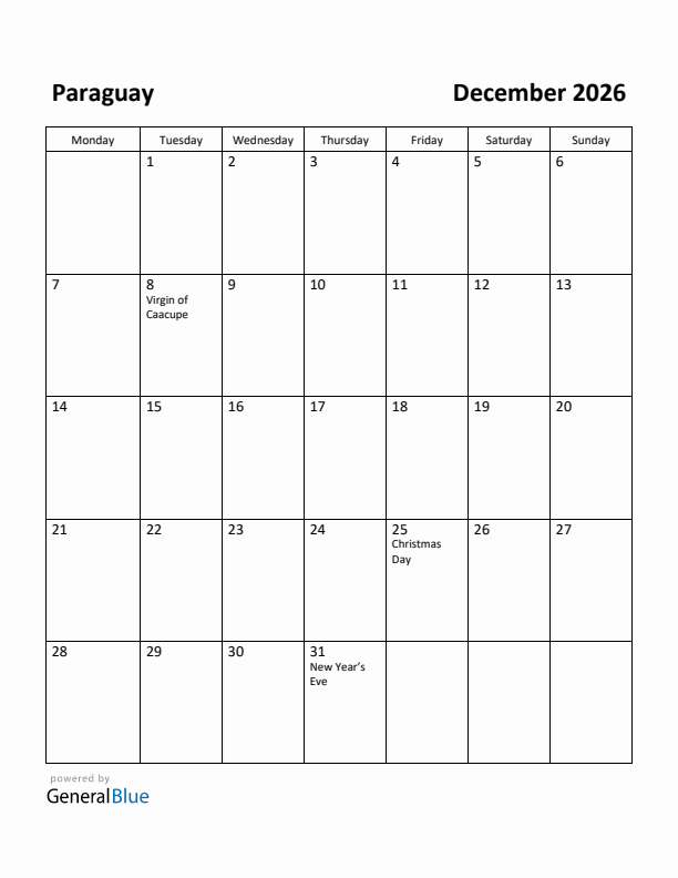 December 2026 Calendar with Paraguay Holidays