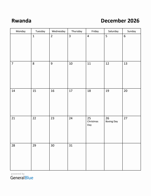 December 2026 Calendar with Rwanda Holidays