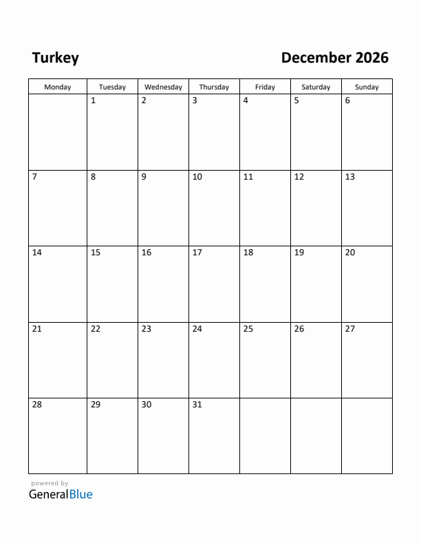 December 2026 Calendar with Turkey Holidays