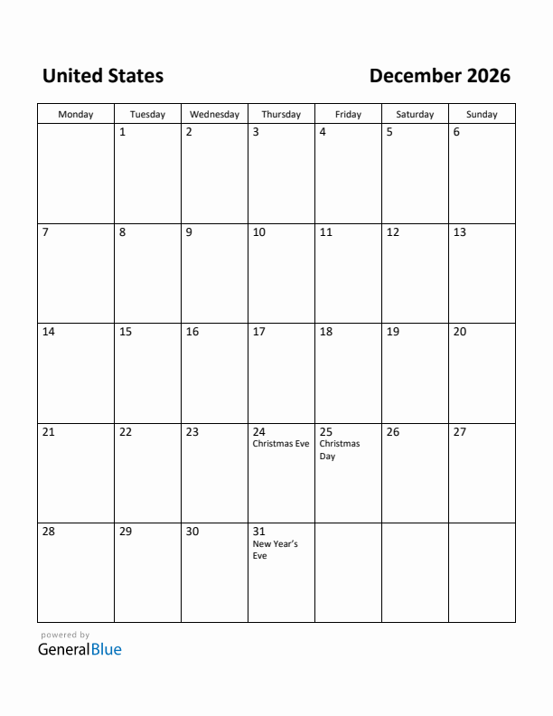 December 2026 Calendar with United States Holidays