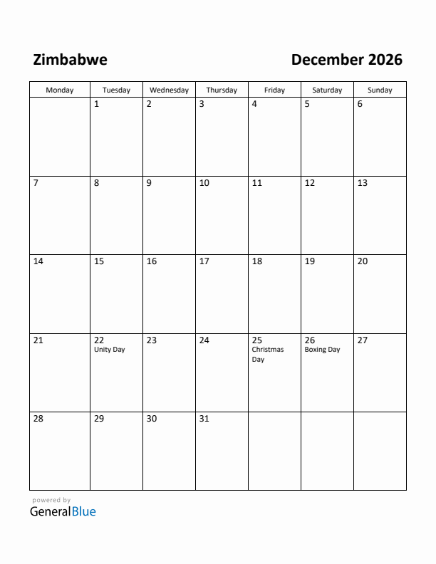 December 2026 Calendar with Zimbabwe Holidays