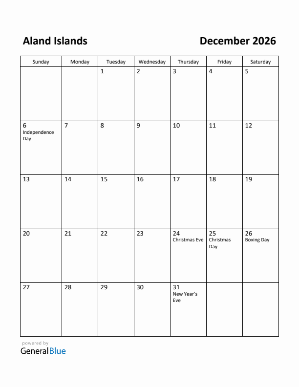 December 2026 Calendar with Aland Islands Holidays
