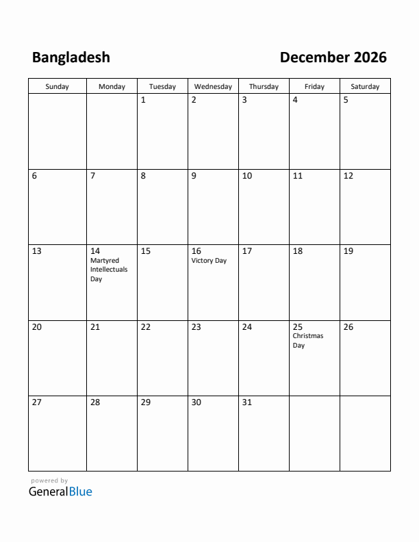 December 2026 Calendar with Bangladesh Holidays