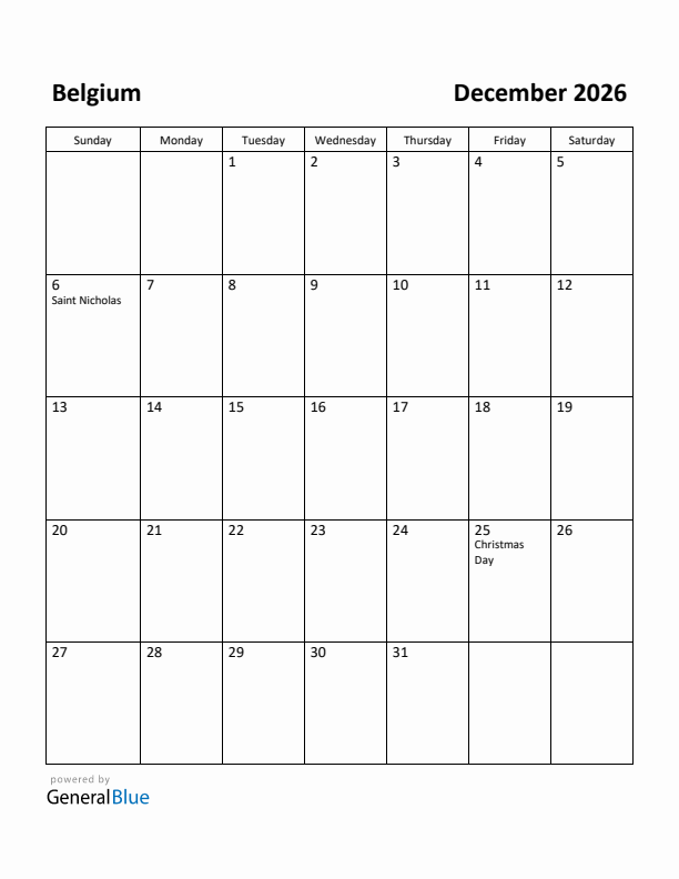 December 2026 Calendar with Belgium Holidays