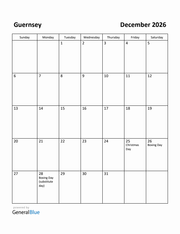 December 2026 Calendar with Guernsey Holidays