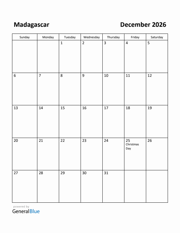 December 2026 Calendar with Madagascar Holidays