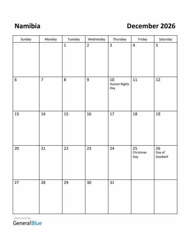 December 2026 Calendar with Namibia Holidays