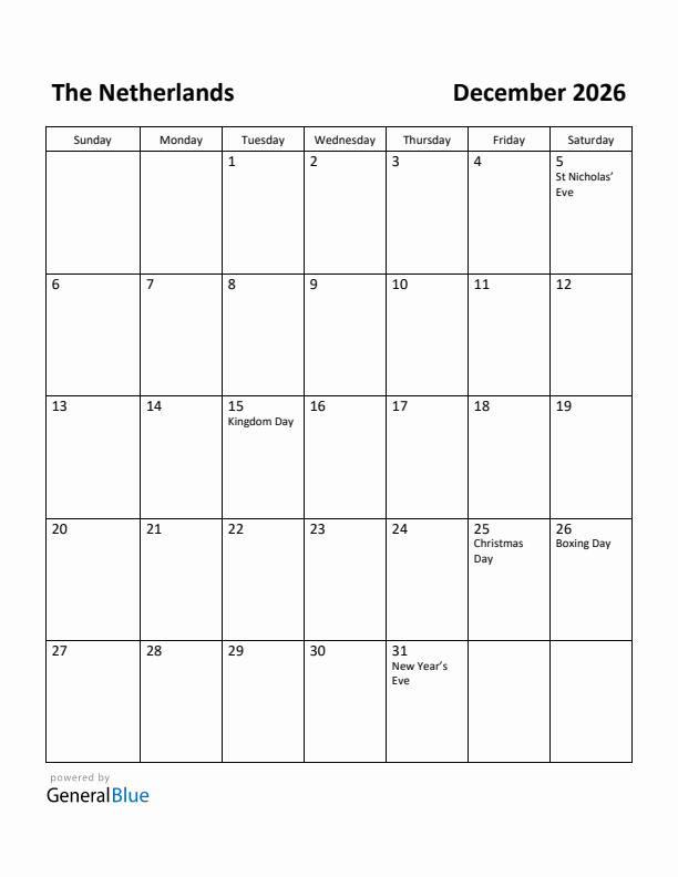 December 2026 Calendar with The Netherlands Holidays