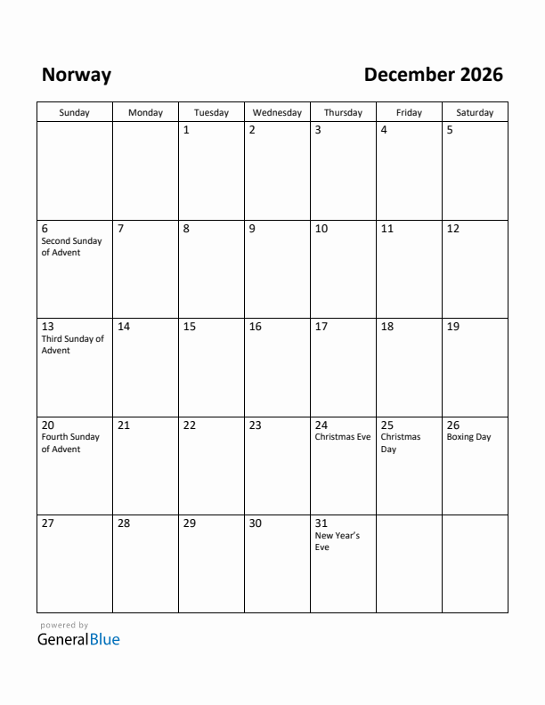 December 2026 Calendar with Norway Holidays