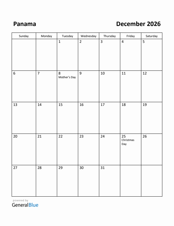 December 2026 Calendar with Panama Holidays